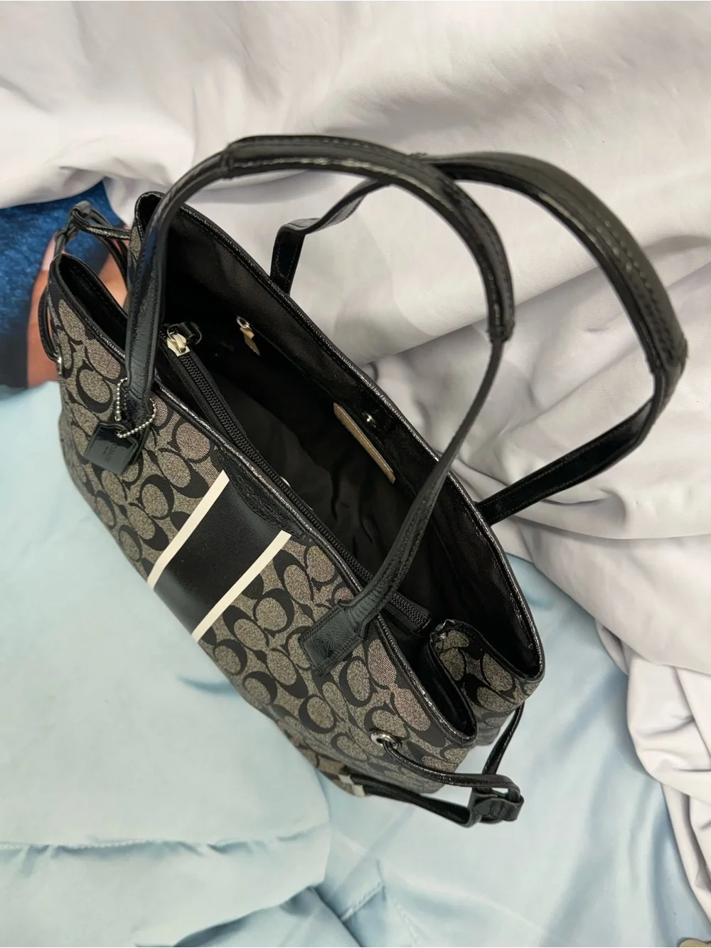 (new+tag) Coach Signature Drawstring Monogram Tote with Black Varsity Stripe
